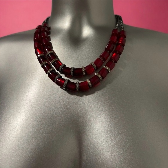 💎✅Vintage Red Beaded and Crystal Double-Strand Necklace - Picture 2 of 11
